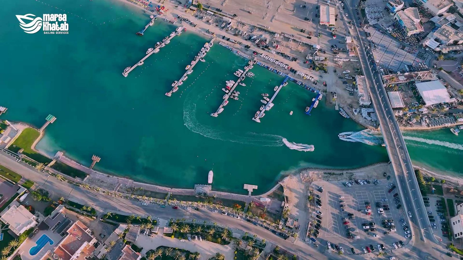 Aerial view of Marsa Khatab Marina harbor and docks