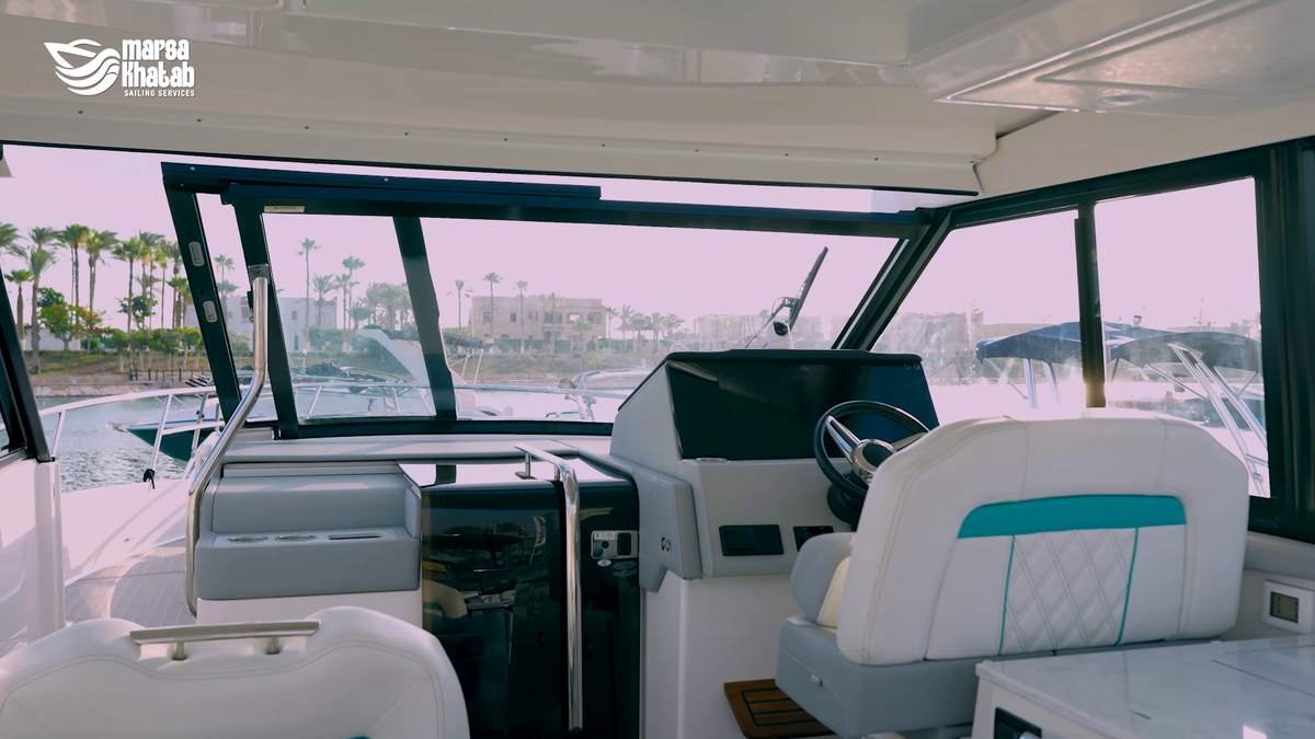 Yacht cockpit seating overlooking the marina